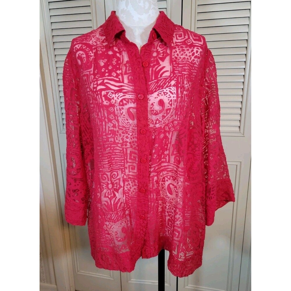 Ruby Rd Wmns Size 18W Red Geometric Lace Pattern Blouse Overshirt Semi-Sheer EUC